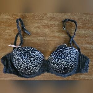 NWT PINK Victoria's Secret Black and Gray Leopard Bra Lace Trim Push Up Bra 34C